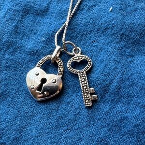 Vintage Italian Sterling Silver and Marcasite Heart Lock and Key Necklace